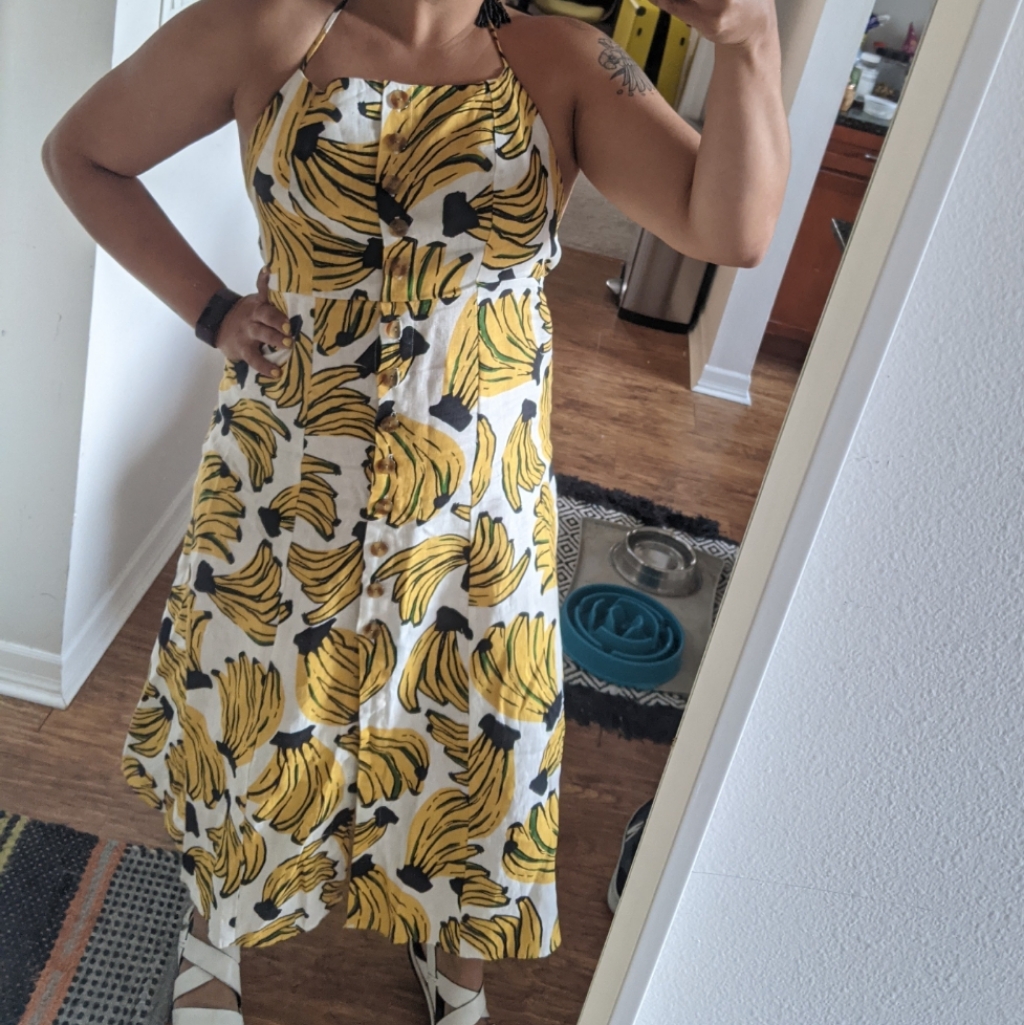 Farm Rio Yellow Banana Print Midi Dress
